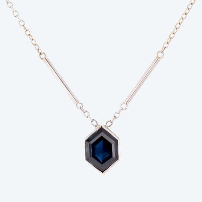 Exquisite Vintage Necklace With A Hexagonal Sapphire And White Gold