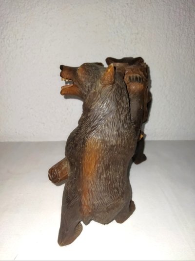 CURIOSITÉ Serviteur De Table Porte-bouteille Bois sculpté "Aux Ours" Dans Le Gout De La Foret-Noire