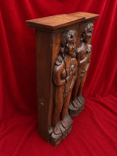 Pair of 18th-century carved caryatid pilasters depicting Adam and Eve