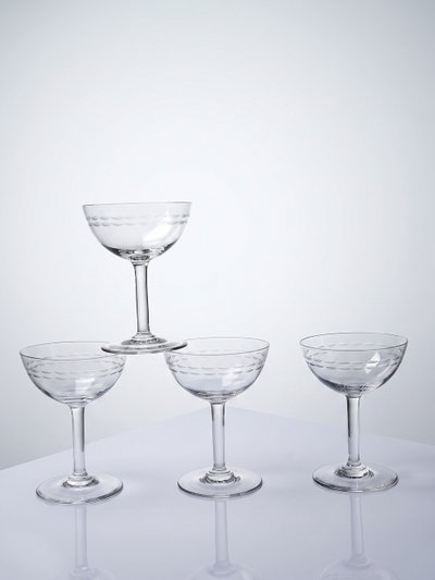 4 Grandes coupes à champagne verre gravé, style Art Déco années 1925-1940