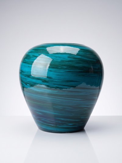 Grande vaso in ceramica a terre miste, smalto verde malachite, anni ’50-’70