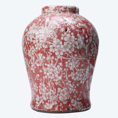 Glasierte Raku-Keramikvase mit Sakura-Motiv, Vintage aus den 1980er- und 1990er-Jahren