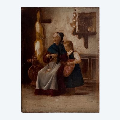 Olio su tavola, con dettagli in rilievo: scena d'interno bretone