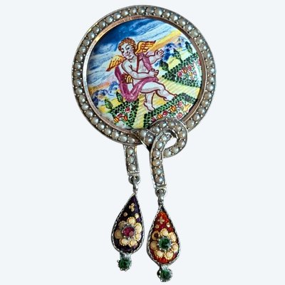Antique Brooch—Romantic Miniature Enamel Pendant with Bressan Enamel Pendants 