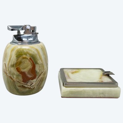 Set da fumo in onice e cromo in stile Mid-Century Modern italiano, composto da accendino da tavolo e posacenere, 1960