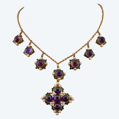 Victorian necklace in 18-karat gold, amethyst, pearl, and enamel, circa 1840–1850