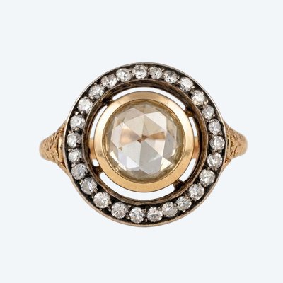 Victorian target ring in 18-karat silver with a 1.0-carat rose-cut diamond