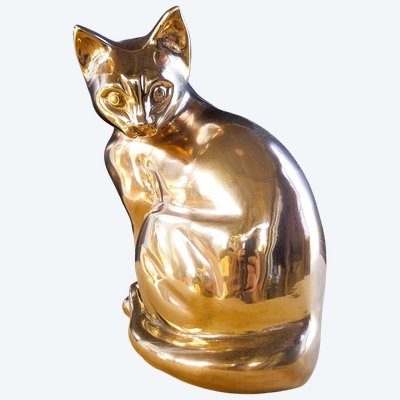 Stylized cat sculpture in gilded metal – 20th century