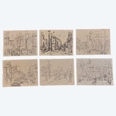 André Lauran - (1929 - 2009) - 6 disegni originali - Vedute di Lione e Parigi -