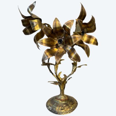 Tischleuchte mit Blumen aus gehämmertem und geschweißtem Messing, Brutalismus-Stil / Maison Jansen, um 1970