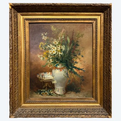 Antikes Ölgemälde auf Leinwand, Blumen, Frankreich, 1900, Bourgeout, mit Rahmen, 78 x 67 cm