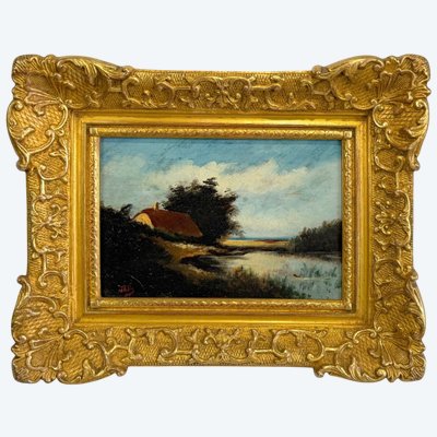 DIPINTO / OLIO SU TAVOLA, FIRMATO, RAFFIGURANTE UN PAESAGGIO CON UN LAGHETTO (INCORNICIATO)