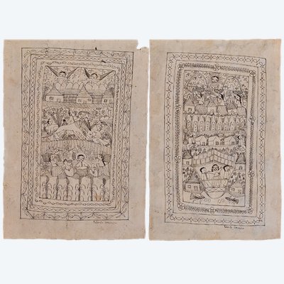 Messico - Roberto Venancio - (XX secolo) - 2 disegni a inchiostro su amatl - naif -