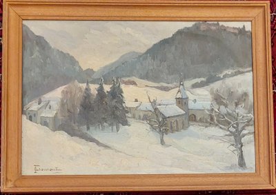 Cécile FROMONT - (1893 - 1969) - Il villaggio - Giura - olio su tavola