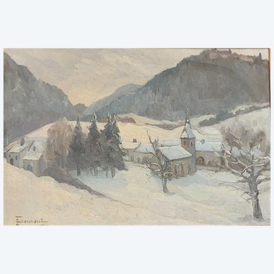 Cécile FROMONT - (1893 - 1969) - Il villaggio - Giura - olio su tavola