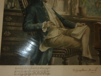 Grande litografia - Mozart nella sua casa di Salisburgo; fine XIX secolo.
