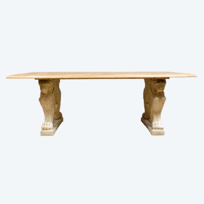 Grande tavolo rettangolare in pietra color crema e legno chiaro