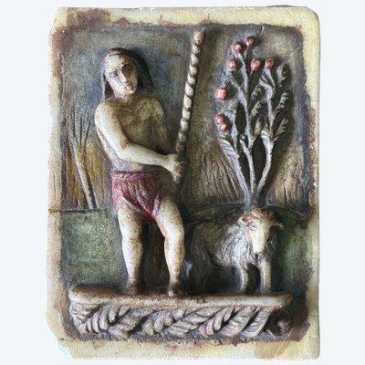 Ancienne plaque en albâtre polychrome d’époque XVIIème Saint Jean Baptiste - religion 