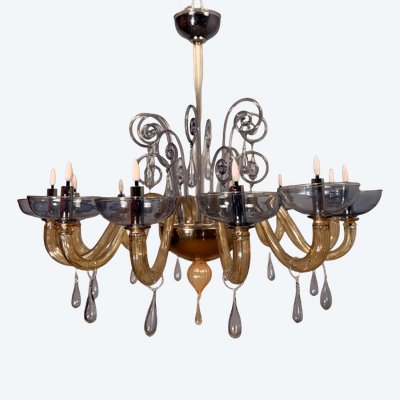 Venetian chandelier in blue and amber Murano glass, 12 light arms, circa 1980
