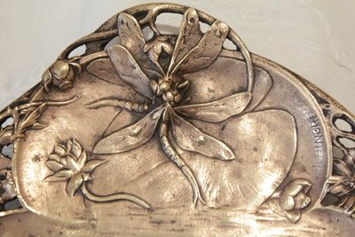 Gilt bronze trinket tray with dragonflies, signed Théophile Hingre (1832-1911)