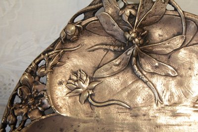 Gilt bronze trinket tray with dragonflies, signed Théophile Hingre (1832-1911)