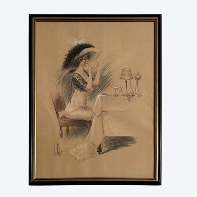 Disegno di Louis Vallet del 1912 raffigurante una donna elegante mentre si trucca