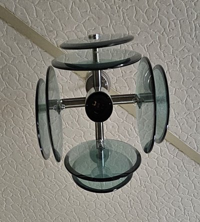 NILO VECA POUR FONTANA ARTE : SUSPENSION DESIGN VINTAGE EN VERRE FUMÉ VERT & MÉTAL CHROMÉ