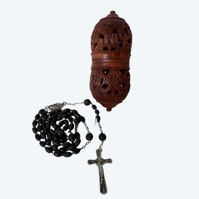 Carved corozo egg rosary case, 19th century