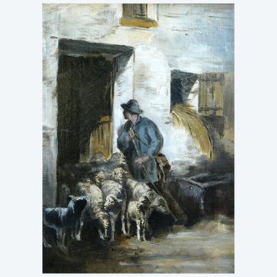 Charles JACQUE 1813-1894 Pastore e pecora, dipinto di Barbizon, animali da fattoria, contadino
