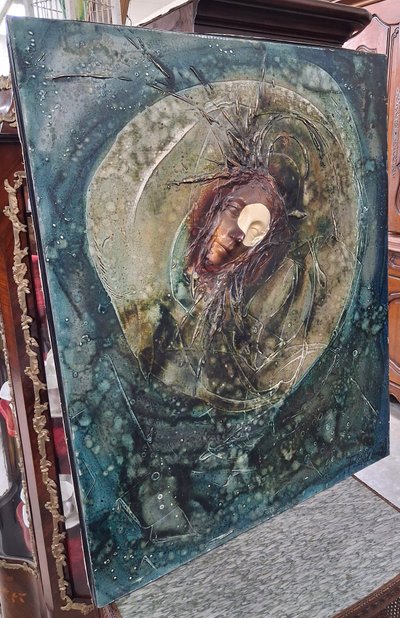 Großformatige, zeitgenössische Mixed-Media-Komposition – Gesicht im Relief