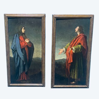 Antique pair of 17th-century Tuscan panel paintings. Saint John and the Virgin. Dimensions: 43 x 21.50 cm.