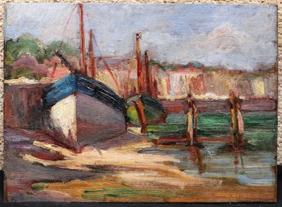 Französische Schule um 1900–1930, zwei Boote am Kai, Ebbe