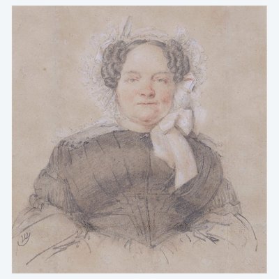 Scuola francese o olandese, fine XVIII secolo, ritratto di donna con cuffia.