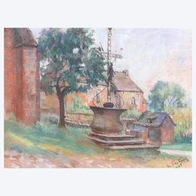 Marthe PASTEUR, Vue de village avec une croix en fer forgé