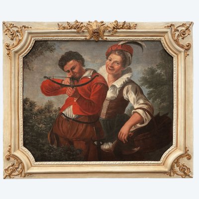 Scuola di Haarlem, XVII secolo: Uomo con balestra. Olio su tela.