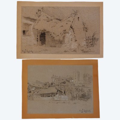 Auguste Constantin - (1824 - 1895) - Due paesaggi della Normandia - disegni a carboncino