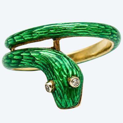 RING - 18K YELLOW GOLD, ENAMEL AND NATURAL DIAMOND - ART NOUVEAU STYLE, 1960s