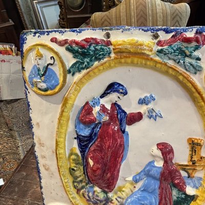 Antique 19th-century polychrome majolica devotional plaque. Our Lady of Grace of Faenza. 