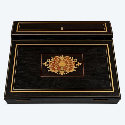 TRAVEL WRITING CASE MADE OF BLACKENED WOOD, DECORATED WITH BRASS AND ROSEWOOD MARQUETRY