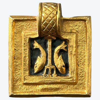 Line Vautrin - rare "dolphins and trident" pendant, gold-plated bronze jewelry, circa 1940