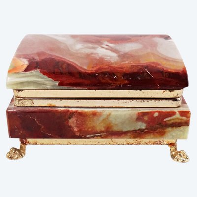 Vintage 1960s onyx jewelry box in ochre, green & gold, with a gilt brass mount