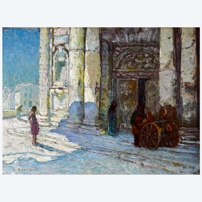 BONAMICI Louis (1878-1966) "Arrotino davanti alla chiesa di Jonquières a Martigues" Provenza Marsiglia