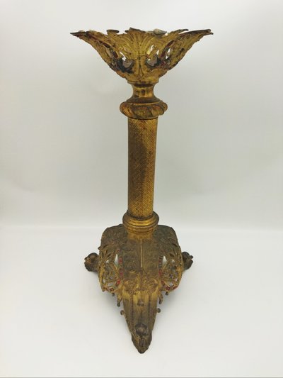 PIQUE CIERGE Ancien Objet liturgique Dévotion Culte Bronze doré Polychrome