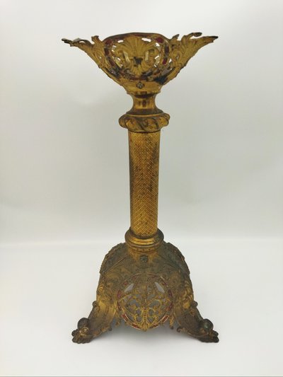 PIQUE CIERGE Ancien Objet liturgique Dévotion Culte Bronze doré Polychrome