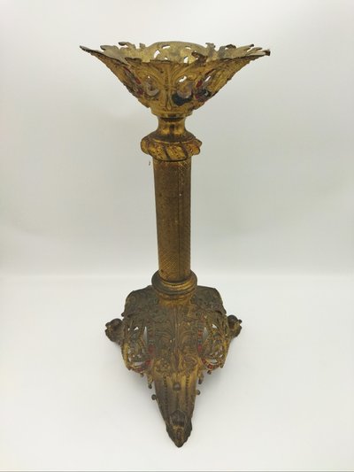 PIQUE CIERGE Ancien Objet liturgique Dévotion Culte Bronze doré Polychrome