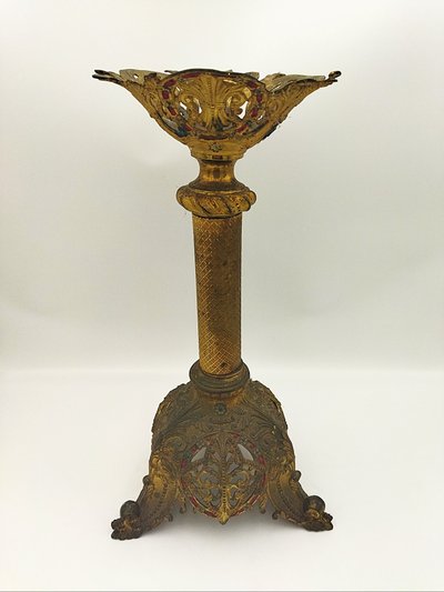 PIQUE CIERGE Ancien Objet liturgique Dévotion Culte Bronze doré Polychrome