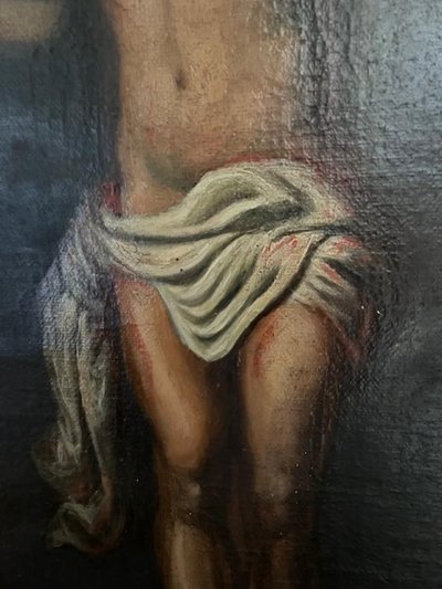 Important 18th-century oil on canvas, *Christ on the Cross*.