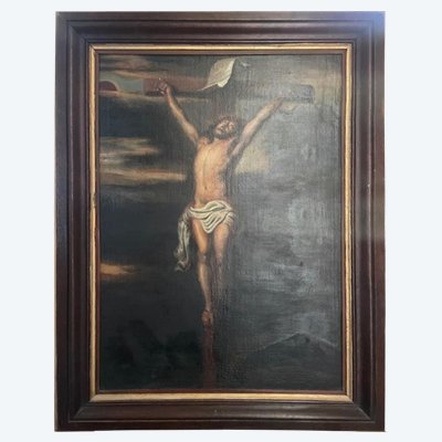 Important 18th-century oil on canvas, *Christ on the Cross*.