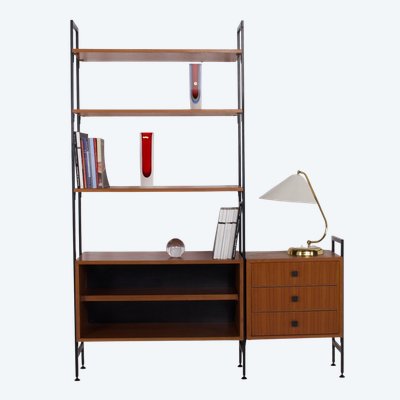 Modular wall shelf made of teak and metal, from the 1960s.
