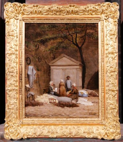 Cherubino PATA 1827-1899 Tappezieri sulle banchine di Parigi, dipinto, 1867 Courbet